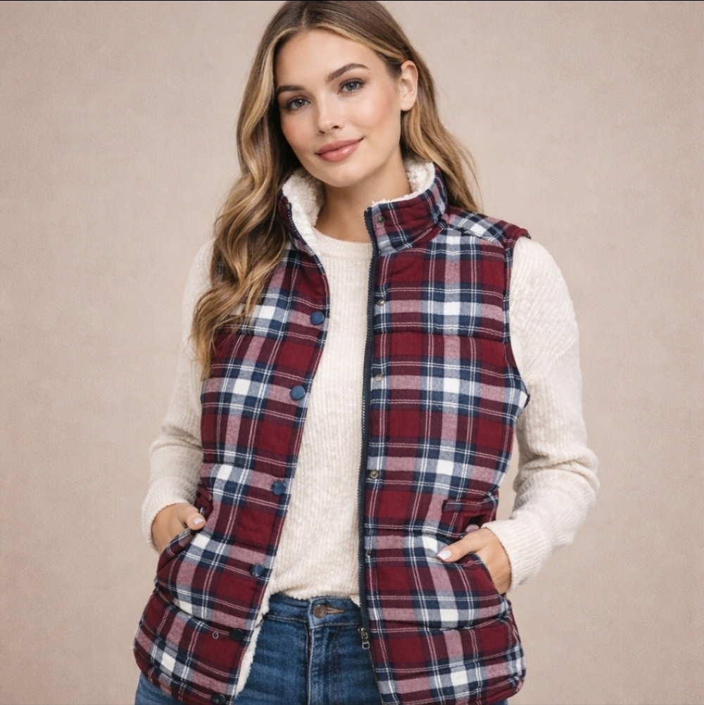 Plaid Sherpa Lined Puffer Vest – Burgundy Navy Cream – Size S